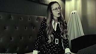 Curvy blonde Wednesday cosplay rides cock moaning with juicy sounds on Halloween