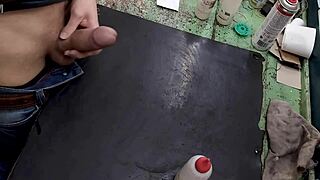 Skinny Young Hunk Jerks Monster Cock On Workbench At Work