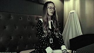 Curvy blonde Wednesday cosplay rides cock moaning with juicy sounds on Halloween