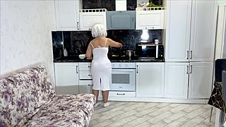 Stepson sneaks anal pounding into stepmom while she preps breakfast in kitchen