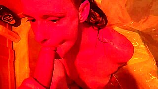 Skinny slut gags on deep throat cock while bathing in golden shower piss cum!