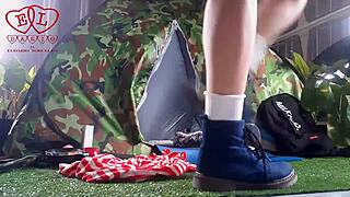 stranger dominates nudist lady fucking her pussy deep in forest camp