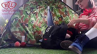 stranger dominates nudist lady fucking her pussy deep in forest camp