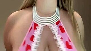 A playful milf rocks huge natural tits in sexy rabbit costume teasing her hard nipples close
