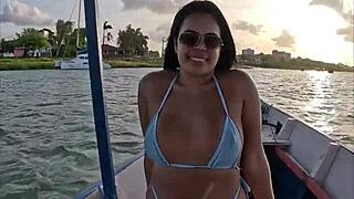 brazilian bikini wife rides pov on boat showing her long haired latina curves