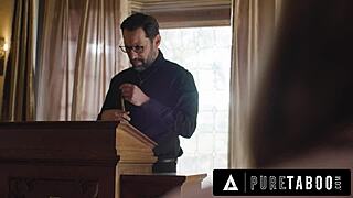 horny virgin teen penelope kay bends over office desk for priest's rough anal fucking and facial