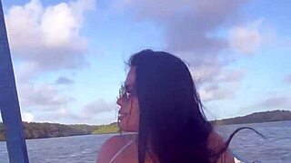 brazilian bikini wife rides pov on boat showing her long haired latina curves