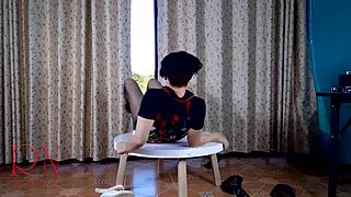 nice lady strips slow in pantyhose heels at round table