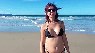 Redhead Latina Pornstar Flashes Big Tits During Beach Voyeur Walk In Public Sun