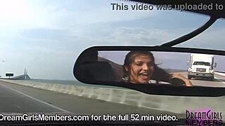 topless brunette flashes big tits in convertible over skyway