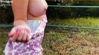 wife rips clothes flashes big tits at hotel public view