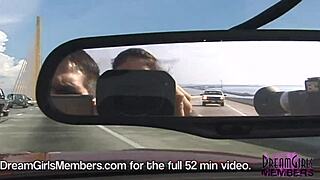 topless brunette flashes big tits in convertible over skyway