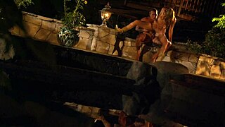 Cheetah tattoo guy pounds shaved pussy doggystyle outdoors