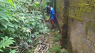 Oiled young babe teases nature with garden plantain play