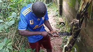 Oiled young babe teases nature with garden plantain play