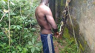 Oiled young babe teases nature with garden plantain play