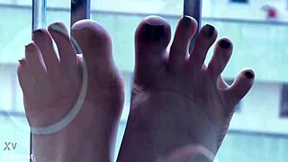 Goddess chokes slave with deepthroat gags then makes him lick my heels and toes while i striptease spit on him