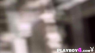 Redhead milf Jaime Edmondson strips lingerie bares big tits for outdoor nude posing