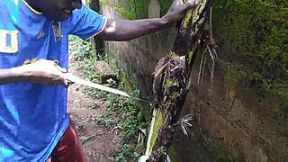 Oiled young babe teases nature with garden plantain play