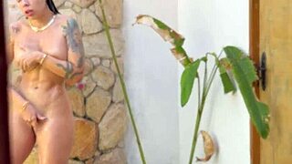 Caught my latina friend naked showering in garden on phone