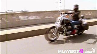 Redhead milf Jaime Edmondson strips lingerie bares big tits for outdoor nude posing