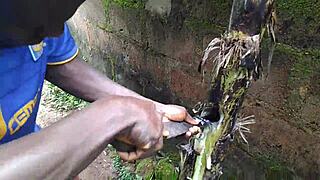 Oiled young babe teases nature with garden plantain play