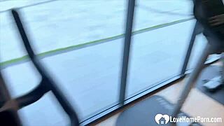 brunette gym pickup sucks cock deep in toilet before hardcore pounding