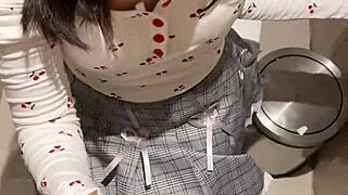 my cute 18yo asian gf slurps my huge cock in public toilet till massive facial