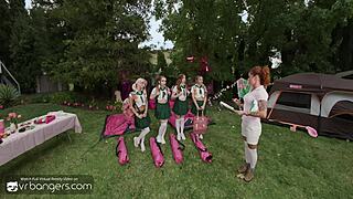 Three uniformed teen scouts ride cocks wildly in hardcore camping orgy