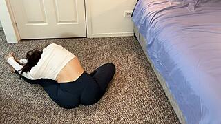 guy blasts cumshot on bubble butt ass while gym girl does stepping workout free use