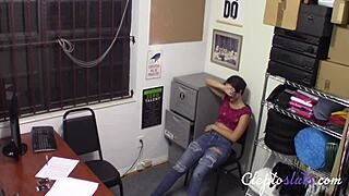 Desperate brunette Natalie Porkman rides cop cock hard to escape jail punishment in office