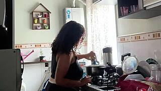 Chubby latina's fat belly jiggles cooking big ass
