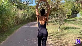 latina gym babe teases all day then bends over bedroom for creampie doggystyle pounding