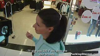 Public Restroom Doggystyle Fucks Glasses Coed to Shaved Pussy Orgasm Blowjob Cumshot