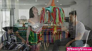 step dad and step son team up stuffing alyx star's holes like a shared pinata