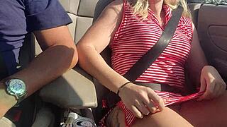 hot blonde babe squirts hard dildoing pussy in public highway convertible