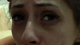 Skinny petite euro slut bent over takes rough doggystyle cumshot facial with humiliated stares