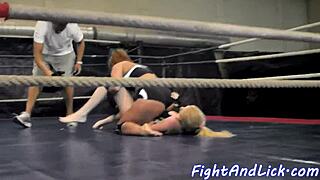 check these muscular babes wrestling hard in the boxing ring