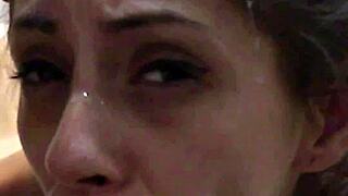 Skinny petite euro slut bent over takes rough doggystyle cumshot facial with humiliated stares