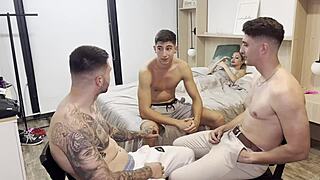 Blonde schoolgirl takes anal dp gangbang from three friends with big cocks and cumswallow