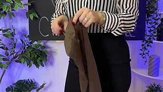 Mature bombshell teases hard in sheer brown pantyhose at nylon club