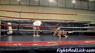 check these muscular babes wrestling hard in the boxing ring