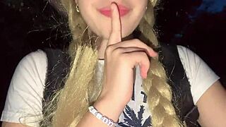 A lost college girl gropes her pink pussy and natural tits deep in the jungle.