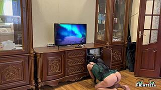 Stepmom cleans room panty-less until stepson spots her dripping creampie pussy taboo young