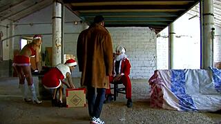 blonde and brunette sluts take massive facials in santa's wild basement orgy