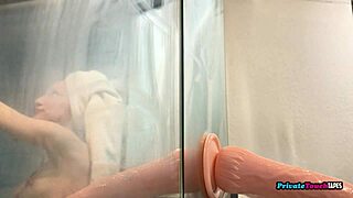 skinny russian blonde deepthroats huge dildo while fingering wet pussy solo
