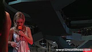 two blonde babes strip undress outdoors publicly on stage, clothes ripped in amazing reality sex show