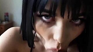 gothic emo babe gives pov blowjob with huge tits teasing