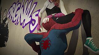 spiderman pounds gwen hard on the rooftop edge
