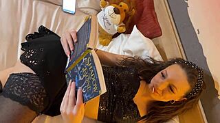 Skinny brunette babe spits on cock for handjob and balls massage with her long legs